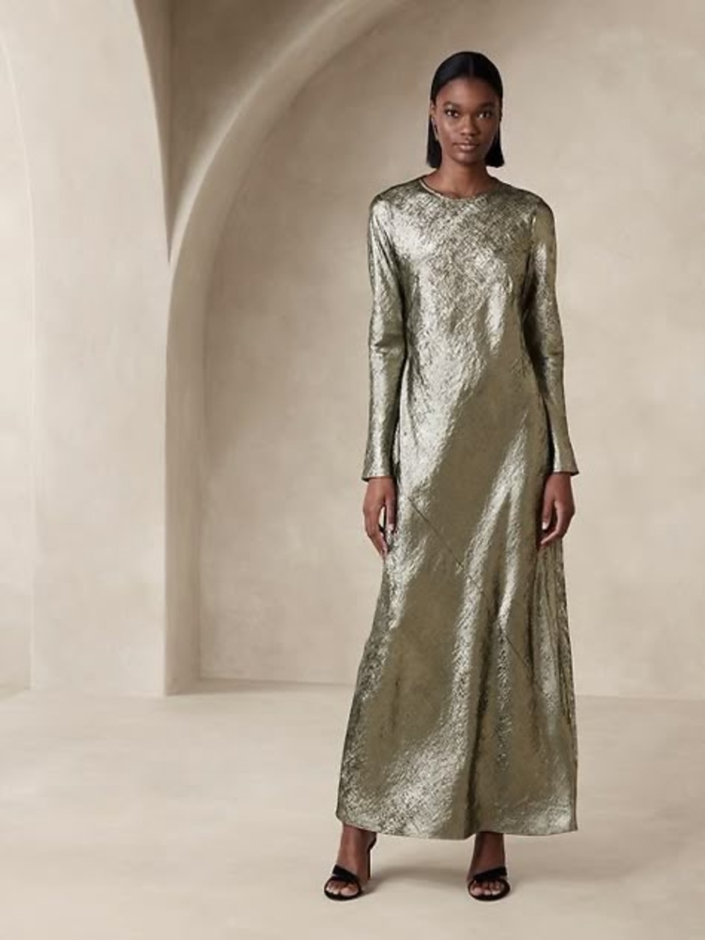 Banana Republic Inaya Maxi Dress Long Sleeves Metallic Gold Bronze